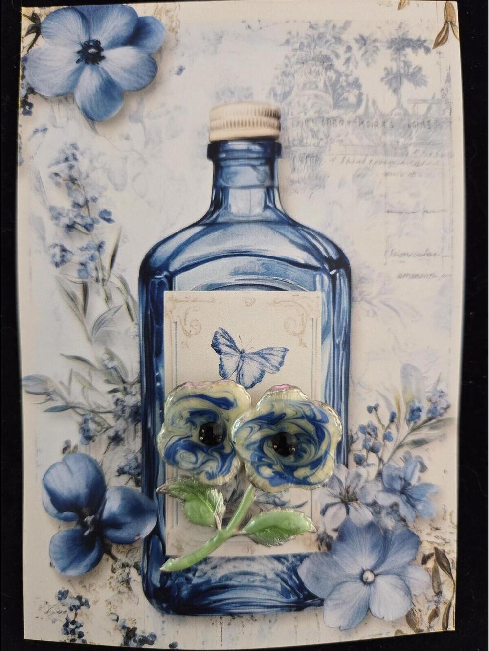 Vintage Blue and Cream Floral Brooch Pin and card